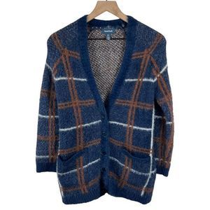 ModCloth Blue Plaid Faux‎ Fur Long Sleeve Deep V Neck Front Button Cardigan XS